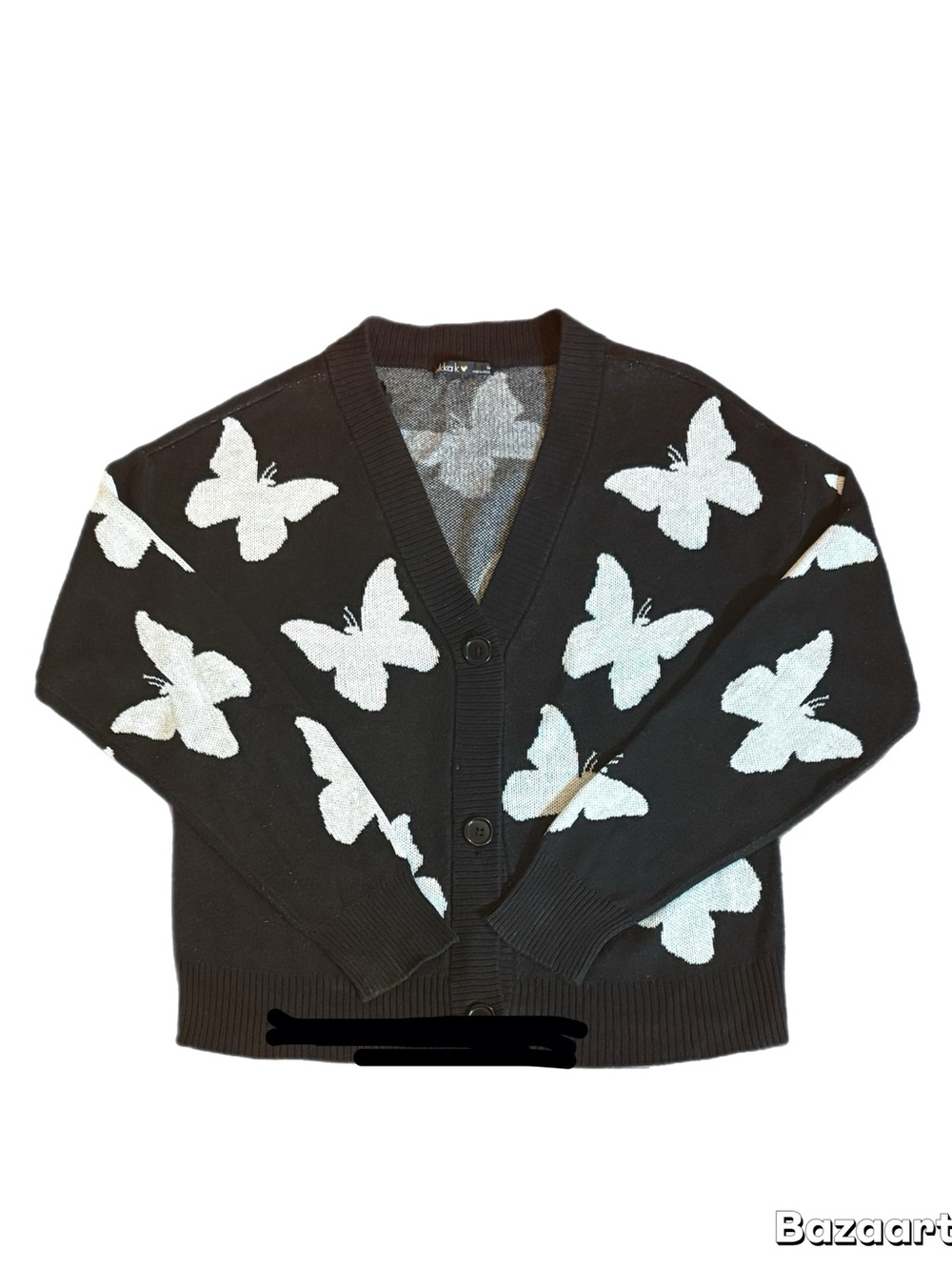 Black Butterfly Pattern V-Neck Cardigan Sweater size M